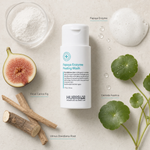 Hubislab Pure Balance Papaya Enzyme Peeling Wash 70ml ingredient flatlay featuring Papaya Enzyme, Ficus Carica Fig, Centella Asiatica and Ulmus Davidiana Root.