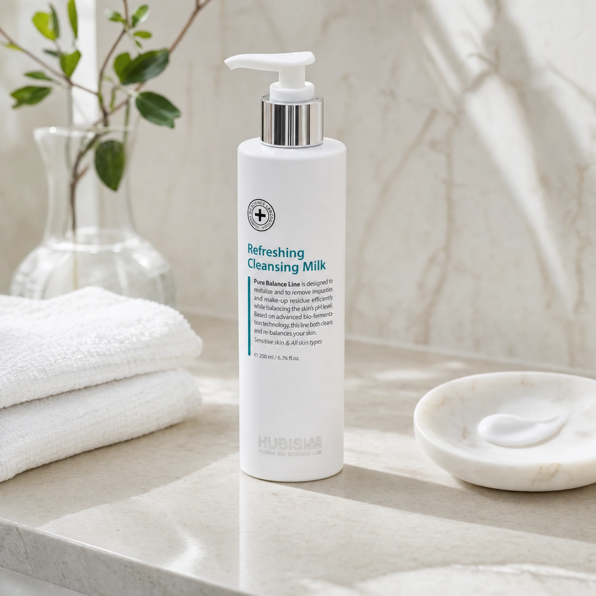 Hubislab Pure Balance Refreshing Cleansing Milk 200ml displayed on a clean premium bathroom vanity with soft towels, clear glass and a milky cleanser texture cue.