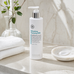 Hubislab Pure Balance Refreshing Cleansing Milk 200ml displayed on a clean premium bathroom vanity with soft towels, clear glass and a milky cleanser texture cue.