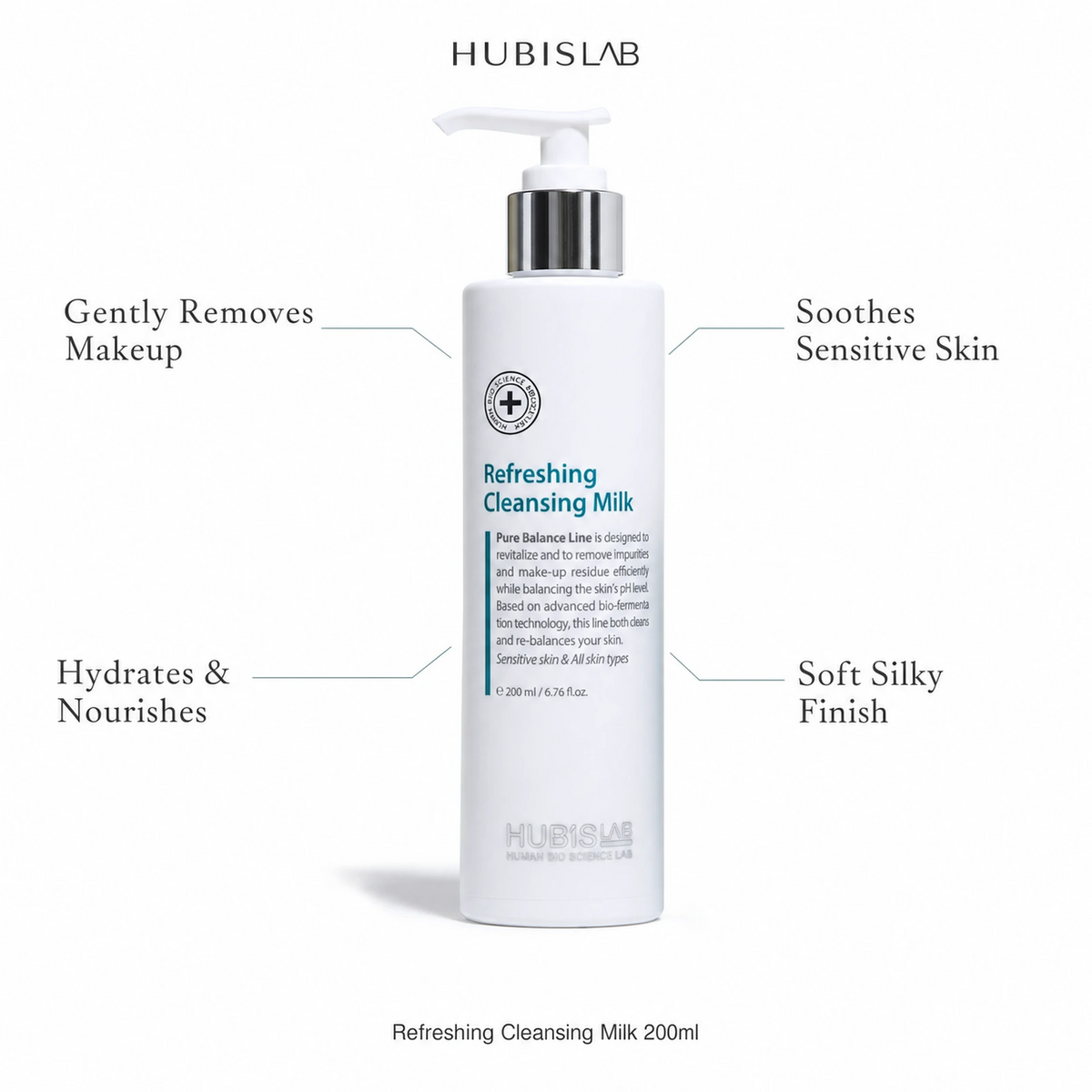Hubislab Pure Balance Refreshing Cleansing Milk 200ml benefit callout image highlighting gently removes makeup, soothes sensitive skin, hydrates and nourishes and soft silky finish.