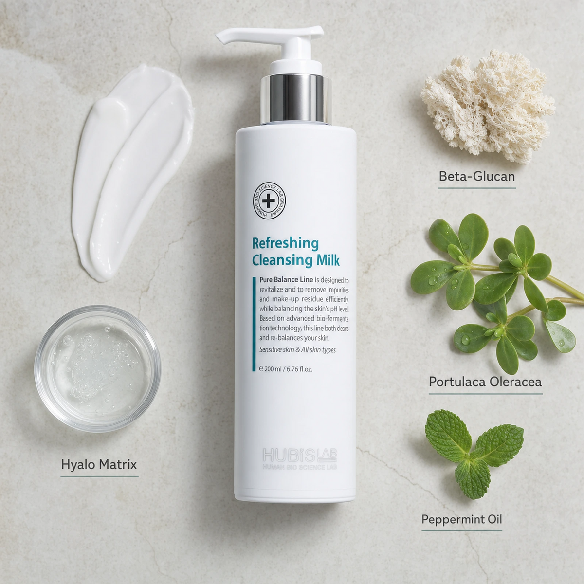 Hubislab Pure Balance Refreshing Cleansing Milk 200ml ingredient flatlay featuring Beta-Glucan, Hyalo Matrix, Portulaca Oleracea and Peppermint Oil.