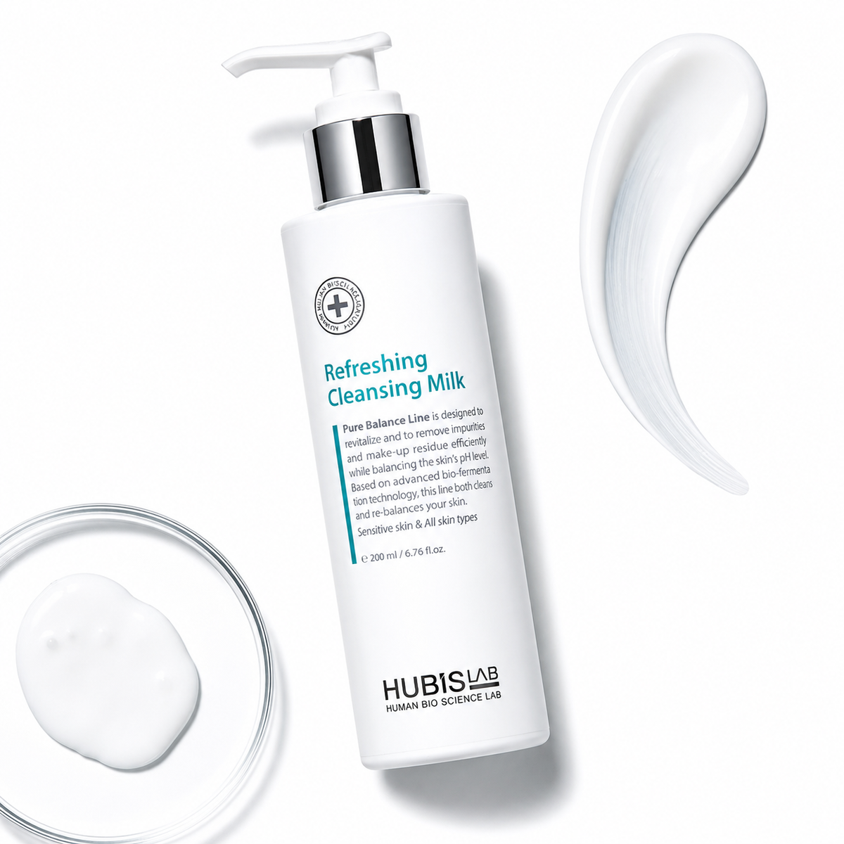 Hubislab Pure Balance Refreshing Cleansing Milk 200ml, a milky cleanser also showing texture cue. Displayed on a clean blue background.