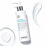 Hubislab Pure Balance Refreshing Cleansing Milk 200ml, a milky cleanser also showing texture cue. Displayed on a clean blue background.