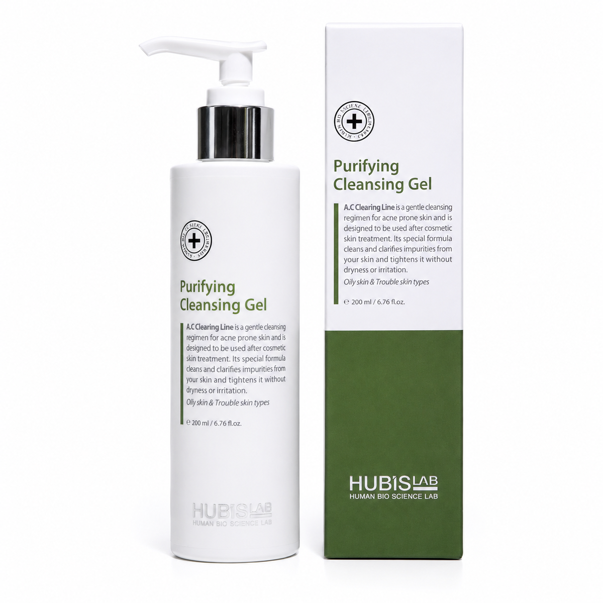 Hubislab Purifying Cleansing Gel 200ml pump bottle with matching product box on clean white background.
