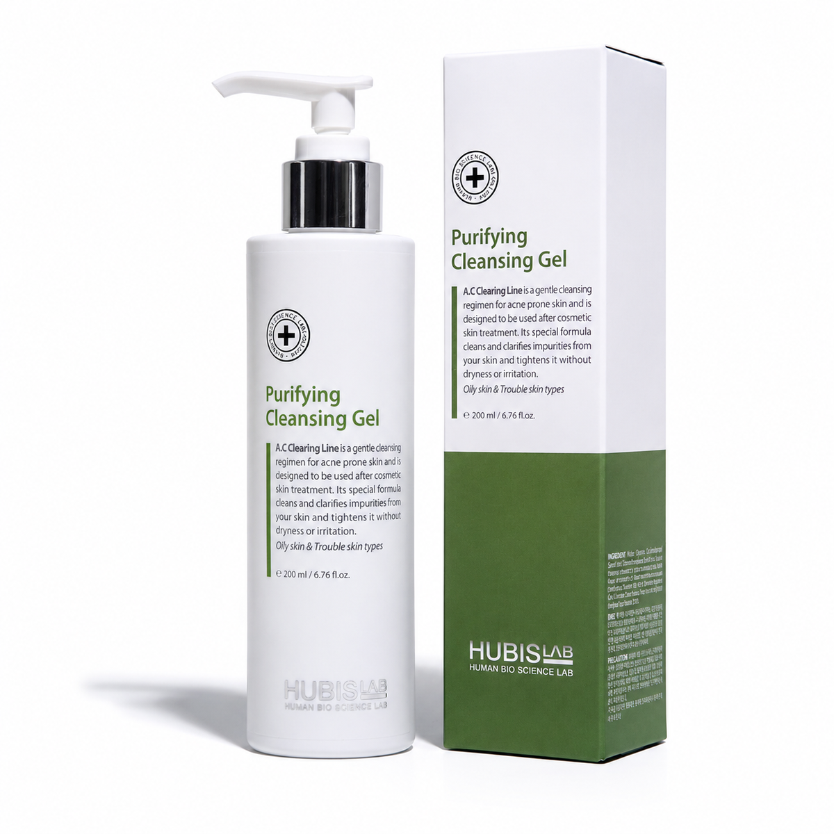 Hubislab Purifying Cleansing Gel 200ml pump bottle with matching box packaging on a clean white studio background.