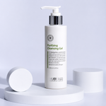 Hubislab Purifying Cleansing Gel 200ml pump bottle displayed on white studio pedestal with soft clinical lighting.