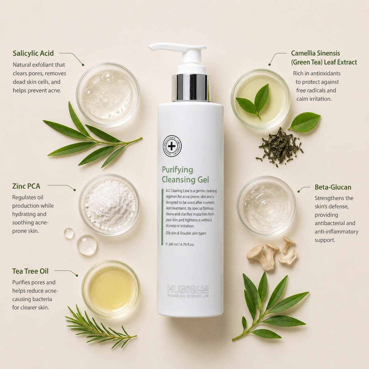“Minimal HUBISLAB Purifying Cleansing Gel ingredient flatlay featuring Salicylic Acid, Camellia Sinensis (Green Tea) Leaf Extract, Zinc PCA, Beta-Glucan, and Tea Tree Oil arranged with clean spacing around the product on a soft neutral background