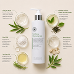 “Minimal HUBISLAB Purifying Cleansing Gel ingredient flatlay featuring Salicylic Acid, Camellia Sinensis (Green Tea) Leaf Extract, Zinc PCA, Beta-Glucan, and Tea Tree Oil arranged with clean spacing around the product on a soft neutral background