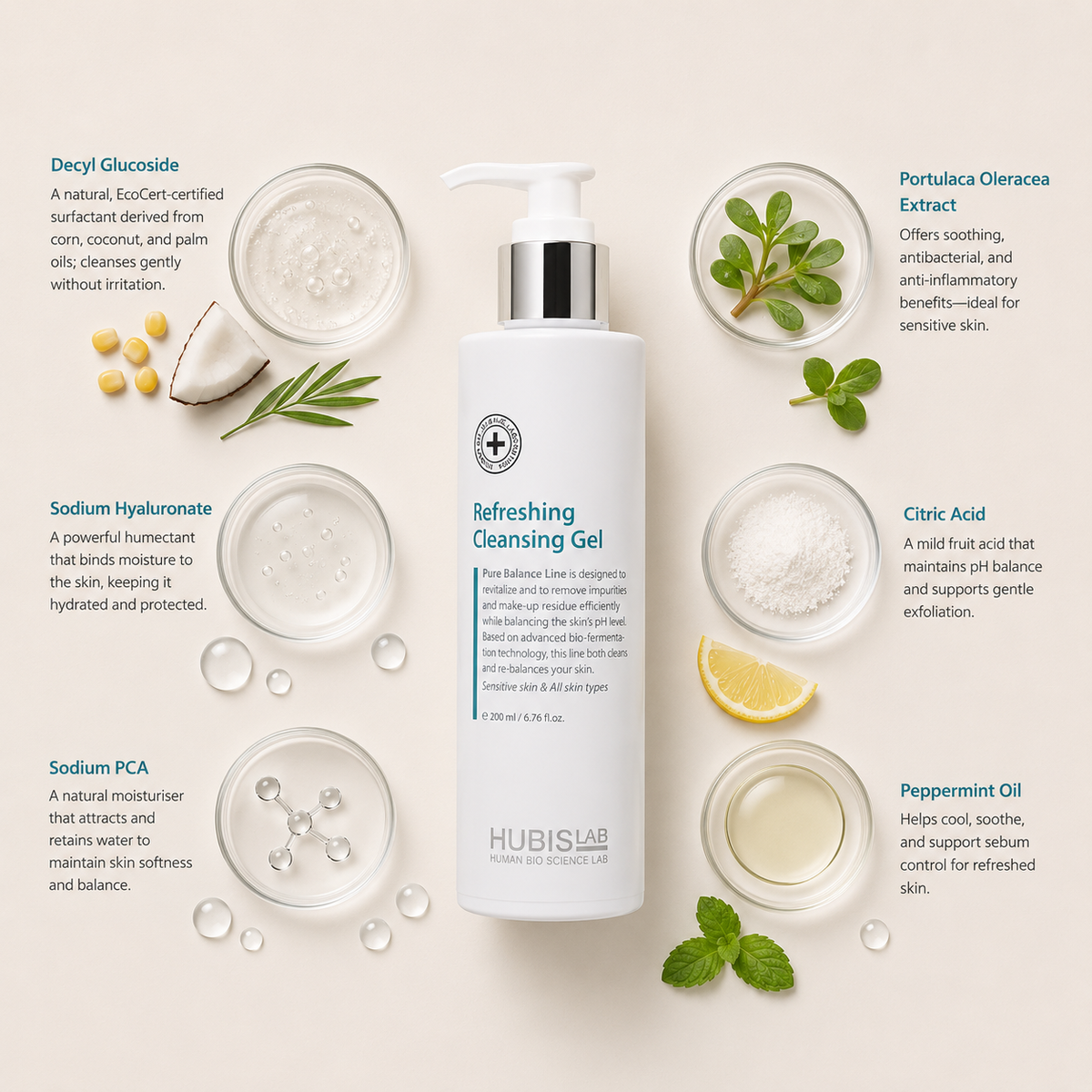 “Minimal HUBISLAB Refreshing Cleansing Gel ingredient flatlay featuring Decyl Glucoside, Sodium Hyaluronate, Sodium PCA, Portulaca Oleracea Extract, Citric Acid, and Peppermint Oil arranged with clean spacing around the product on a soft neutral background