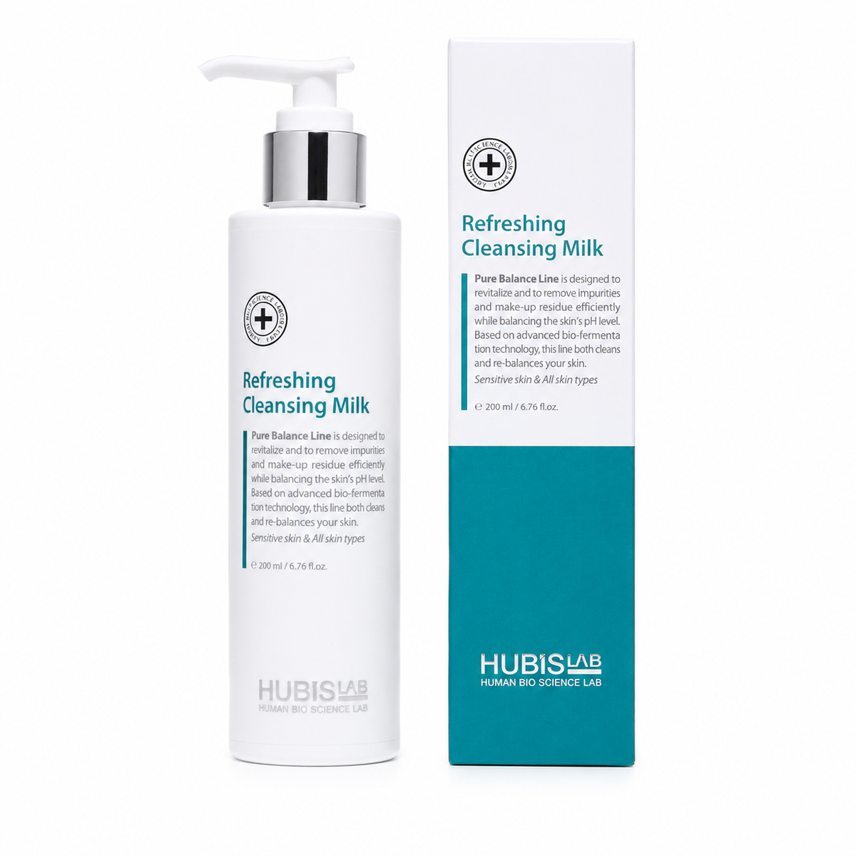 A pump bottle of Pure Balance Refreshing Cleansing Milk 200ml next to its packaging box.