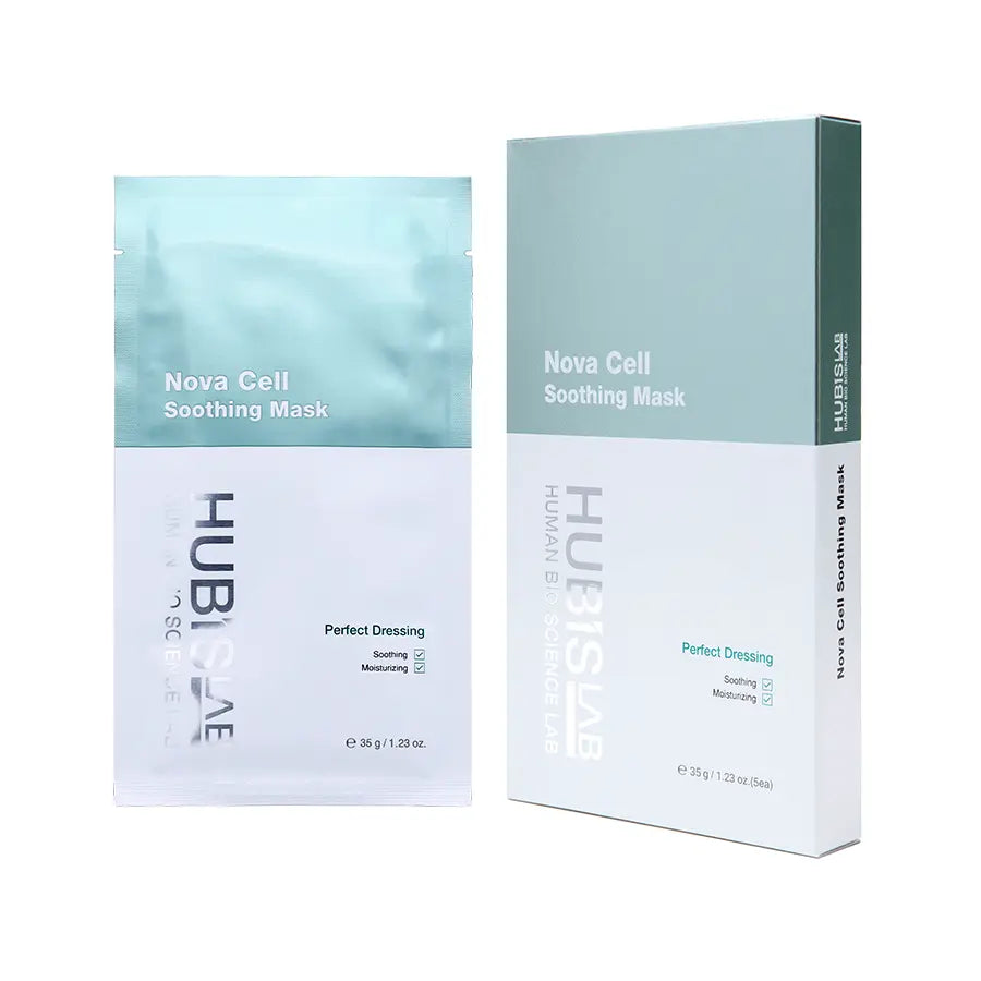 HUBISLAB e+ Epiderma Nova Cell Soothing Mask, one image in a sealed pouch and the other is a full box, with product information and branding visible.