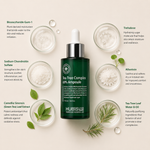 “Minimal HUBISLAB Tea Tree Complex 60% Ampoule ingredient flatlay featuring Biosaccharide Gum-1, Sodium Chondroitin Sulfate, Camellia Sinensis (Green Tea) Leaf Extract, Trehalose, Allantoin, and Tea Tree Leaf Water & Oil arranged with clean spacing around the product on a soft neutral background