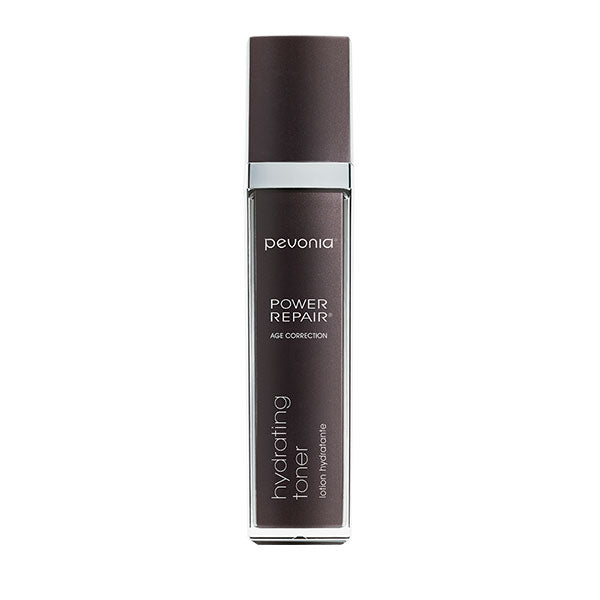 A bottle of Pevonia Power Repair Hydrating Toner designed for skin care. The bottle is tall and slender with a dark cap and a white label with brown and purple text.