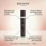 Pevonia Australia Power Repair Hydrating Toner bottle with product features on a gradient background