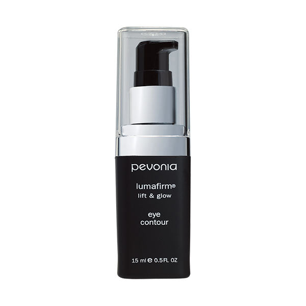A bottle of Pevonia Lumafirm Eye Contour Lift & Glow with a black pump dispenser, designed for skincare.