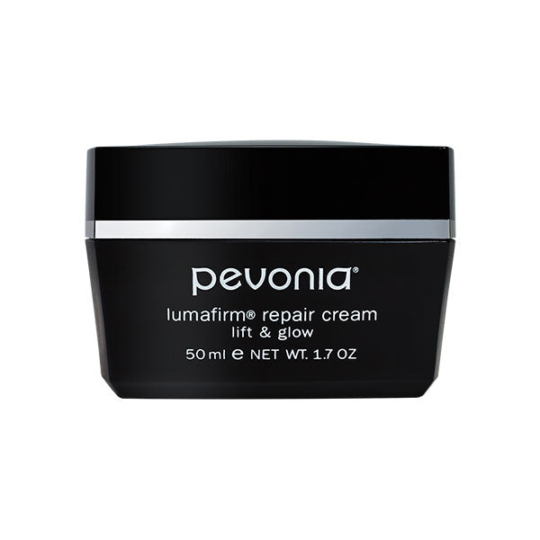 A black jar of Pevonia Lumafirm Repair Cream Lift & Glow with white and silver text indicating the product name and size (50ml).