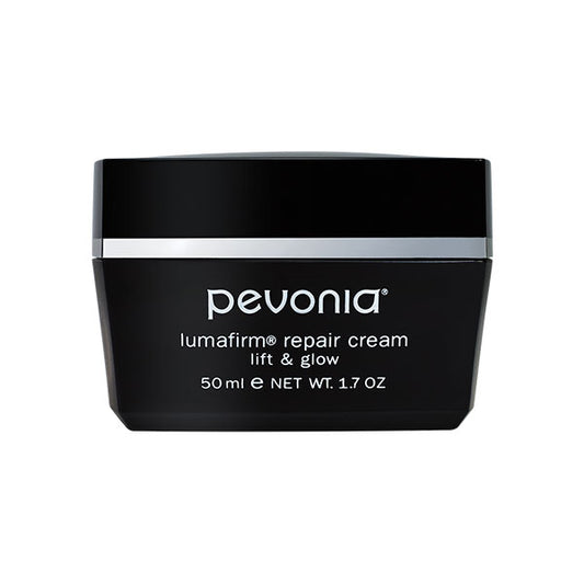 A black jar of Pevonia Lumafirm Repair Cream Lift & Glow with white and silver text indicating the product name and size (50ml).