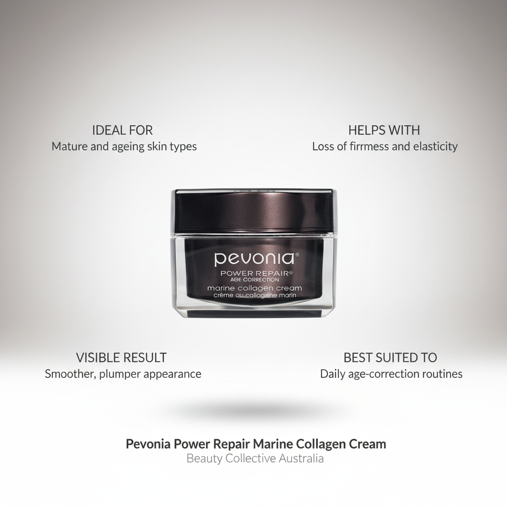 Pevonia Power Repair Marine Collagen Cream jar with product benefits on a light gray background