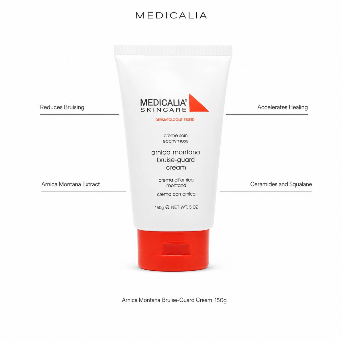 Medicalia Arnica Montana Bruise-Guard Cream 150g with four key benefits: Reduces Bruising, Arnica Montana Extract, Accelerates Healing, and Ceramides and Squalane.