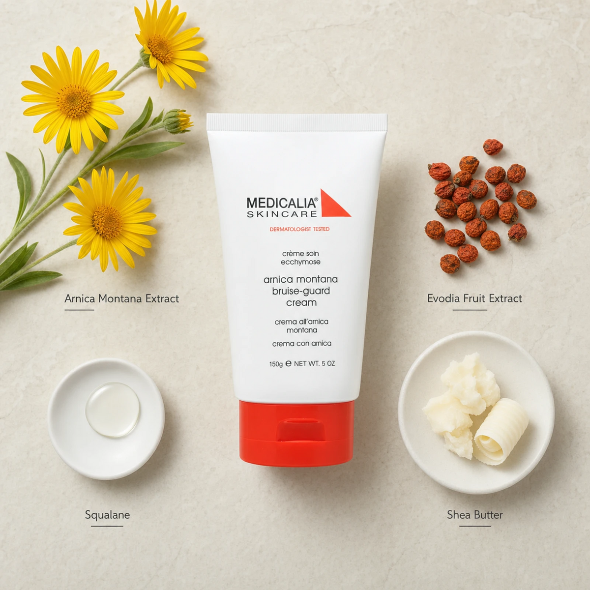 Medicalia Arnica Montana Bruise-Guard Cream 150g flatlay with key ingredients Arnica Montana Extract, Evodia Fruit Extract, Shea Butter, and Squalane.