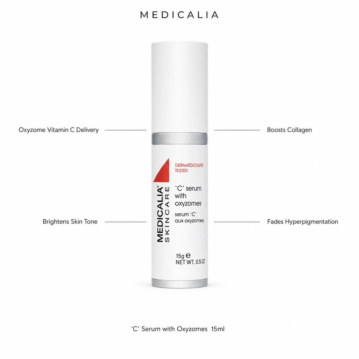 Medicalia C Serum with Oxyzomes 15ml with four key benefits: Oxyzome Vitamin C Delivery, Brightens Skin Tone, Boosts Collagen, and Fades Hyperpigmentation.