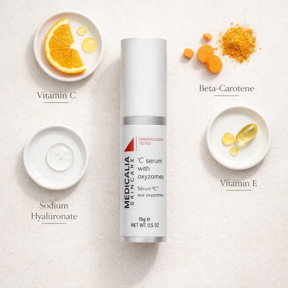 Medicalia C Serum with Oxyzomes 15ml flat lay with key ingredients Vitamin C, Beta-Carotene, Sodium Hyaluronate, and Vitamin E.