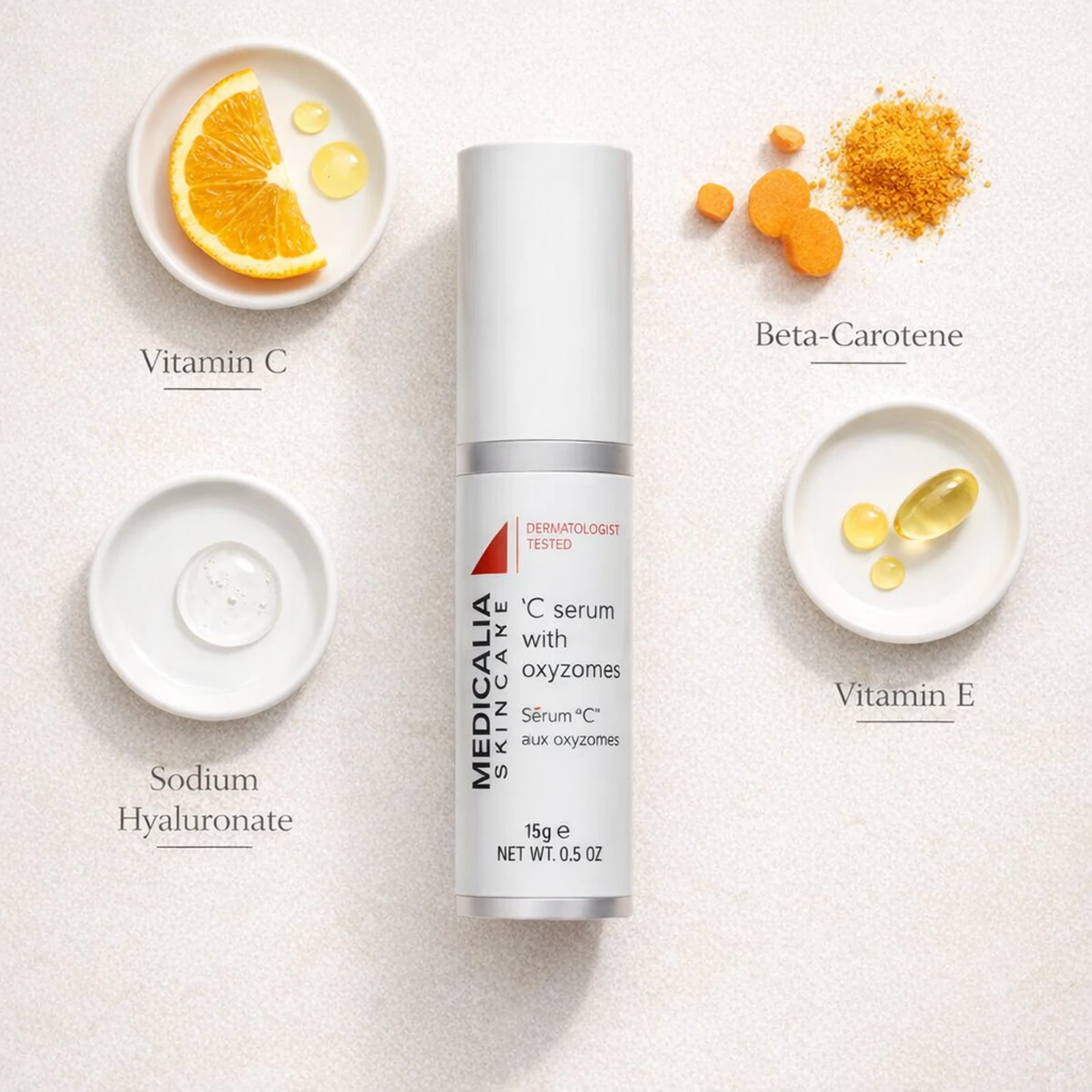 Medicalia C Serum with Oxyzomes 15ml flat lay with key ingredients Vitamin C, Beta-Carotene, Sodium Hyaluronate, and Vitamin E.