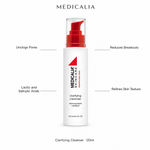 Medicalia Clarifying Cleanser 120ml with four key benefits: Unclogs Pores, Lactic and Salicylic Acids, Reduces Breakouts, and Refines Skin Texture.