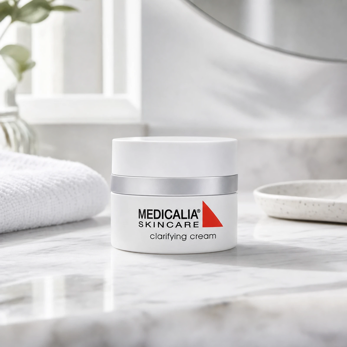 Medicalia Clarifying Cream 50ml on a premium marble bathroom vanity, a lightweight oil-free clarifying cream with glycolic and salicylic acids for acne-prone and congested skin.