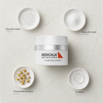 Medicalia Clarifying Cream 50ml flat lay with key ingredients Glycolic Acid, Salicylic Acid, Chamomile Extract, and Sorbitol.