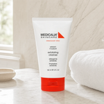 Medicalia Exfoliating Cleanser 150ml on a premium marble bathroom vanity, a gentle daily exfoliating face wash with lactic acid and jojoba for smooth, clear, bright skin.