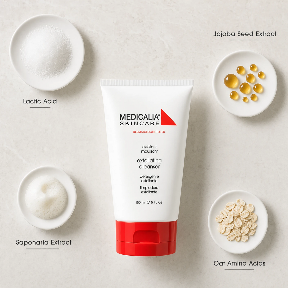Medicalia Exfoliating Cleanser 150ml flatlay with key ingredients Lactic Acid, Jojoba Seed Extract, Saponaria Extract, and Oat Amino Acids.