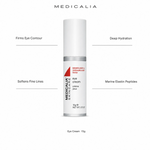 Medicalia Eye Cream 15g with four key benefits: Firms Eye Contour, Softens Fine Lines, Deep Hydration, and Marine Elastin Peptides.