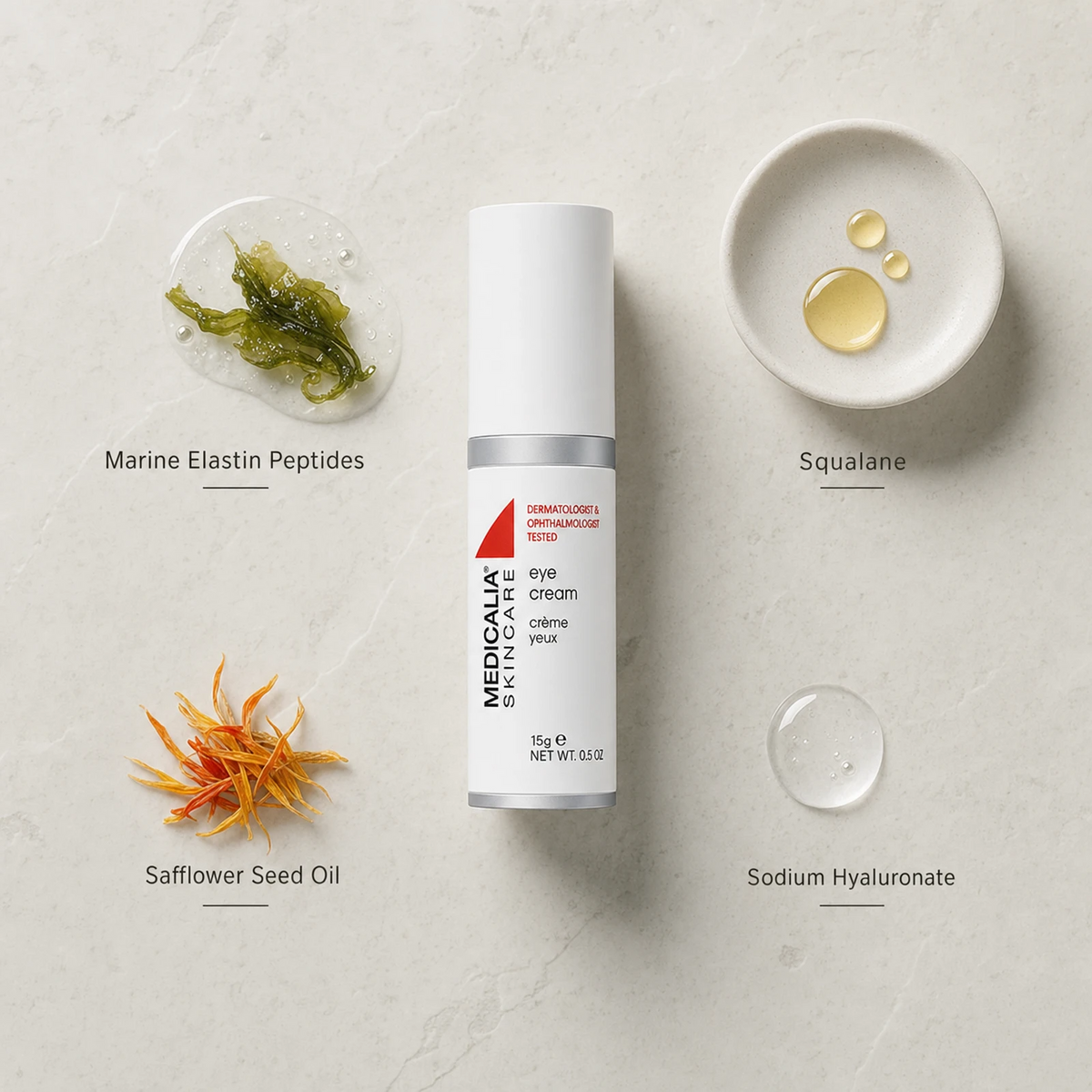 Medicalia Eye Cream 15g flatlay with key ingredients Marine Elastin Peptides, Squalane, Safflower Seed Oil, and Sodium Hyaluronate.

