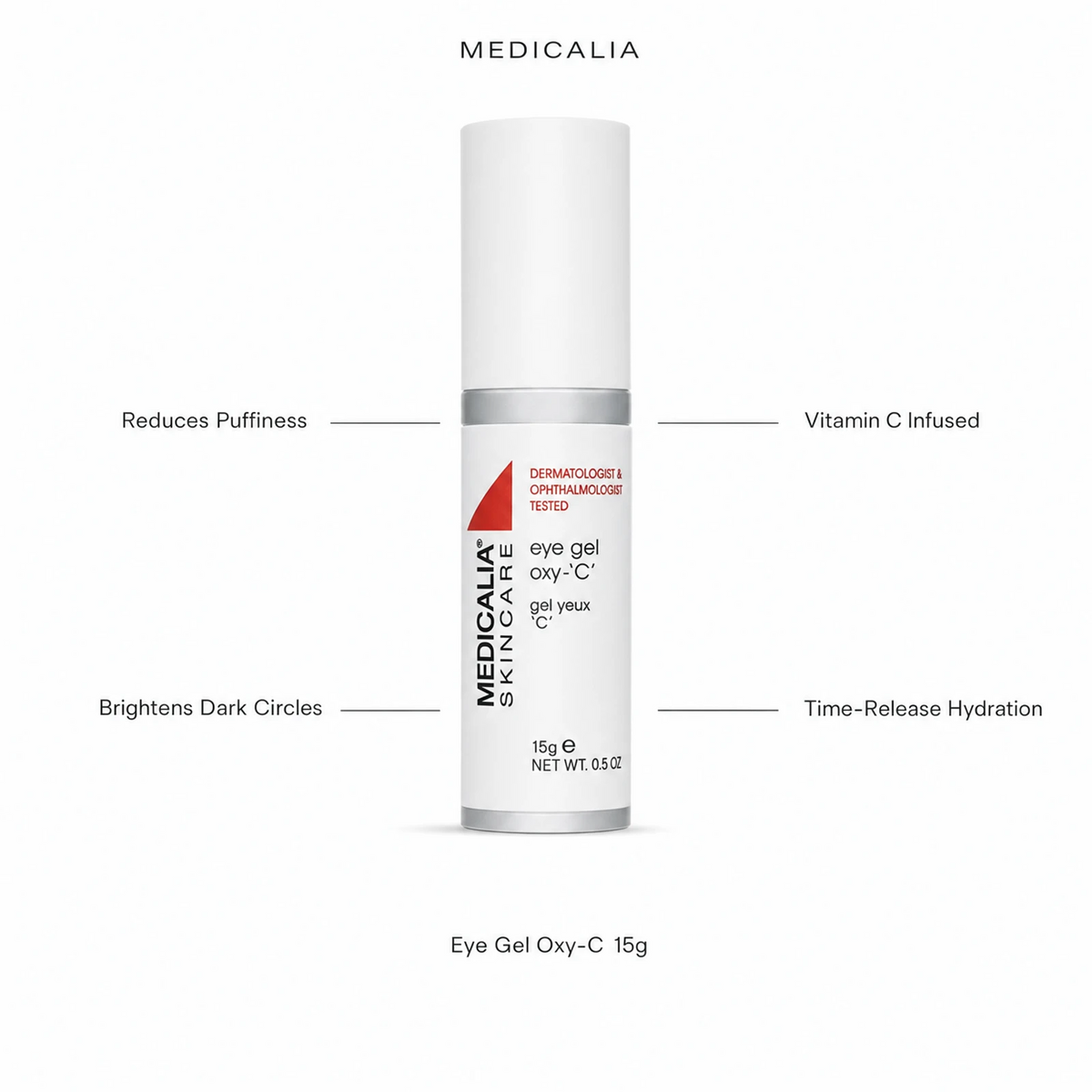 Medicalia Eye Gel Oxy-C 15g with four key benefits: Reduces Puffiness, Brightens Dark Circles, Vitamin C Infused, and Time-Release Hydration.