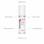 Medicalia Eye Gel Oxy-C 15g with four key benefits: Reduces Puffiness, Brightens Dark Circles, Vitamin C Infused, and Time-Release Hydration.