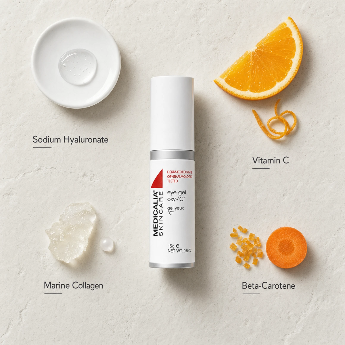 Medicalia Eye Gel Oxy-C 15g flatlay with key ingredients Sodium Hyaluronate, Vitamin C, Marine Collagen, and Beta-Carotene.