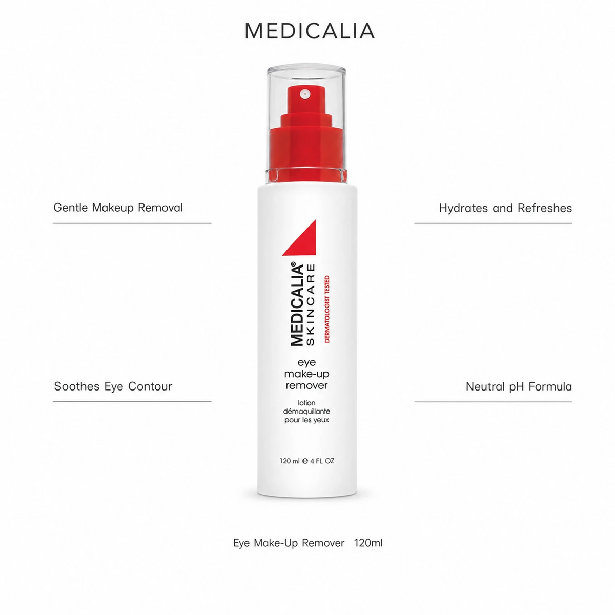 Medicalia Eye Make-Up Remover 120ml with four key benefits: Gentle Makeup Removal, Soothes Eye Contour, Hydrates and Refreshes, and Neutral pH Formula.