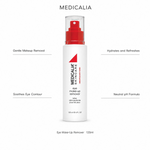 Medicalia Eye Make-Up Remover 120ml with four key benefits: Gentle Makeup Removal, Soothes Eye Contour, Hydrates and Refreshes, and Neutral pH Formula.