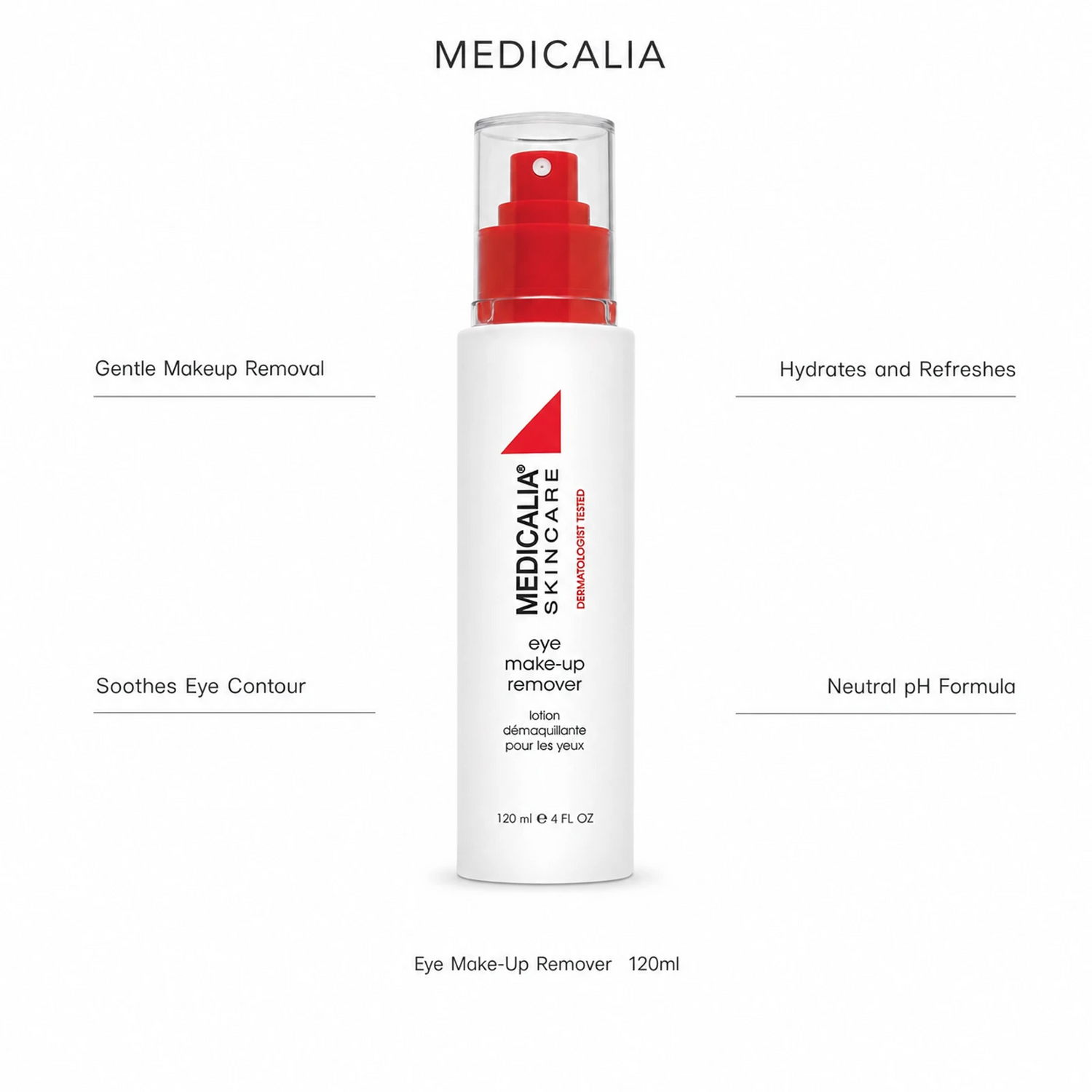 Medicalia Eye Make-Up Remover 120ml with four key benefits: Gentle Makeup Removal, Soothes Eye Contour, Hydrates and Refreshes, and Neutral pH Formula.