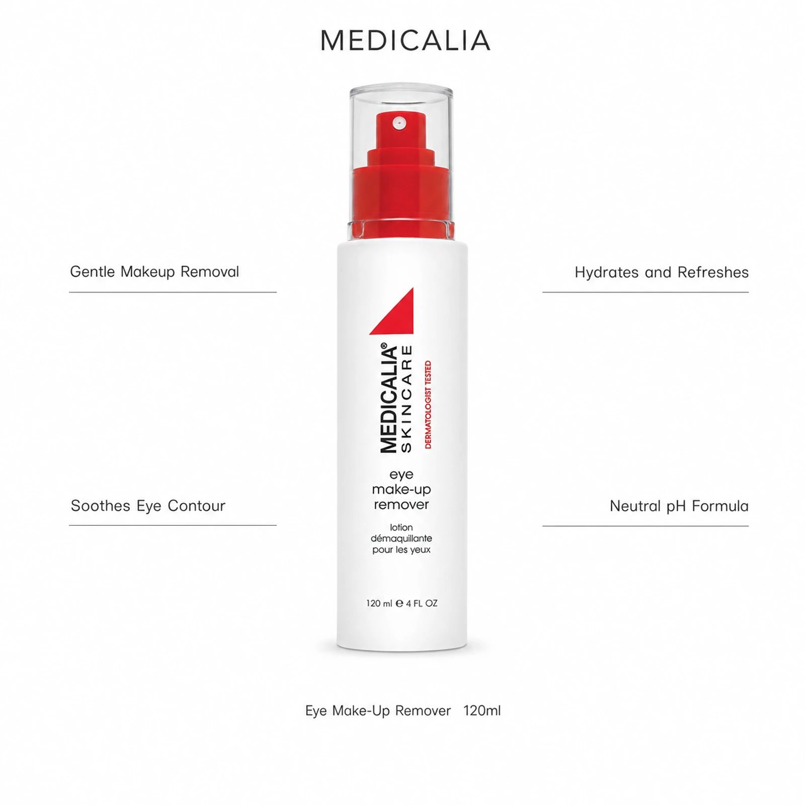 Medicalia Eye Make-Up Remover 120ml with four key benefits: Gentle Makeup Removal, Soothes Eye Contour, Hydrates and Refreshes, and Neutral pH Formula.