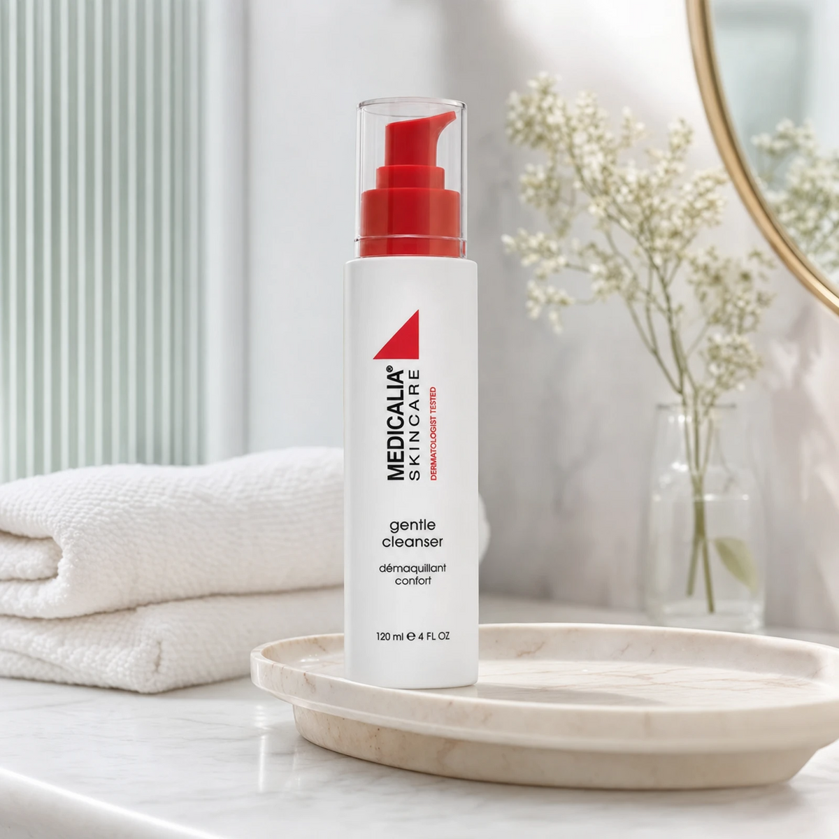 Medicalia Gentle Cleanser 120ml on a premium bathroom vanity, a soothing non-foaming daily cleanser for sensitive and reactive skin.