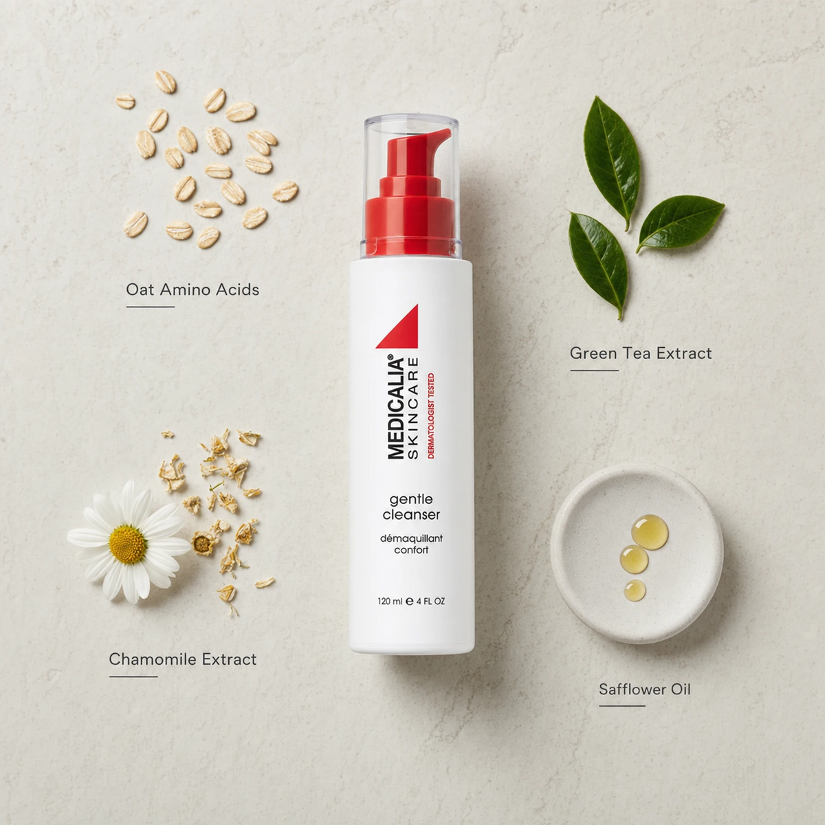 Medicalia Gentle Cleanser 120ml flatlay with key ingredients Oat Amino Acids, Chamomile Extract, Green Tea Extract, and Safflower Oil
