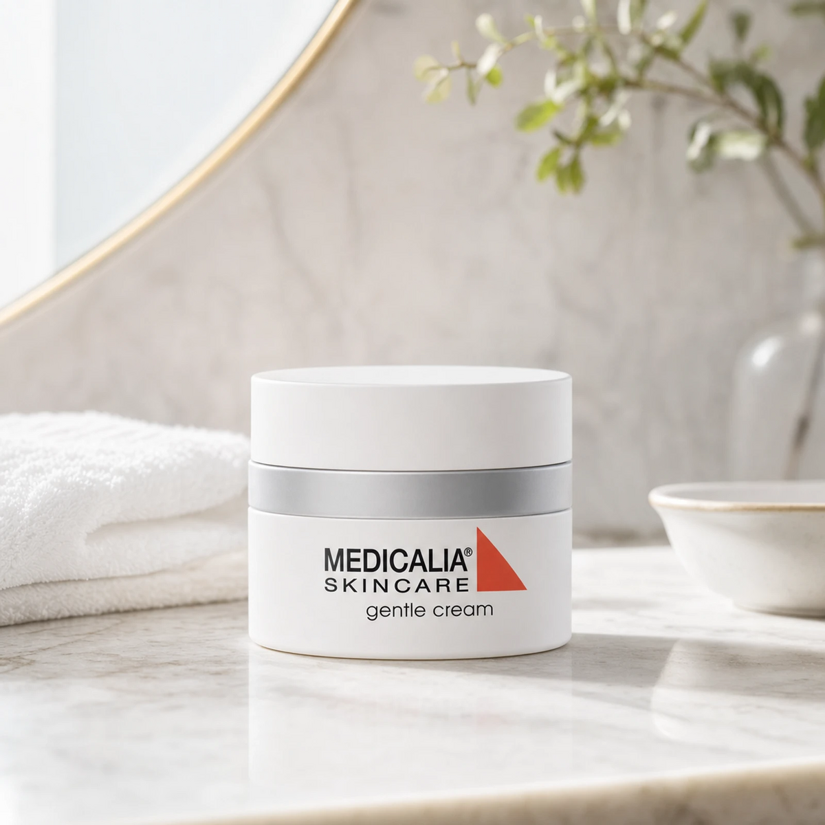Medicalia Gentle Cream 50ml on a premium bathroom vanity, a soothing restorative cream for sensitive, dry, and rosacea-prone skin