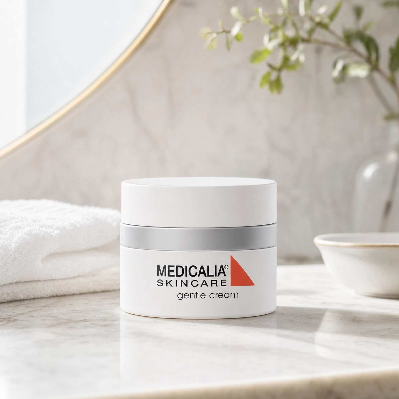 Medicalia Gentle Cream 50ml on a premium bathroom vanity, a soothing restorative cream for sensitive, dry, and rosacea-prone skin
