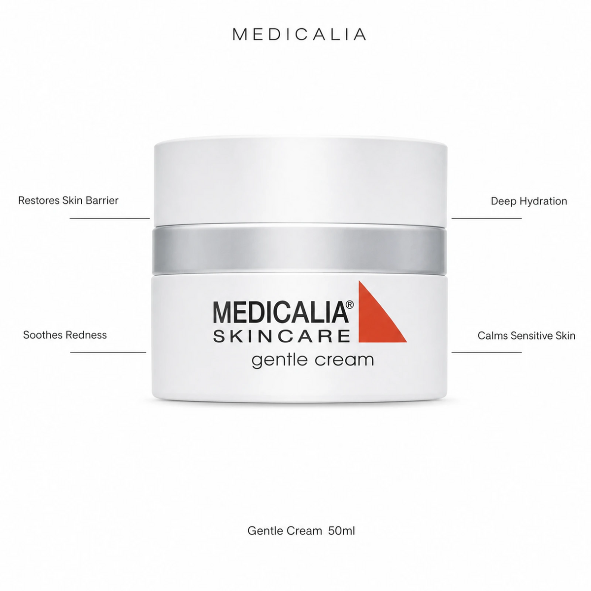 Medicalia Gentle Cream 50ml with four key benefits: Restores Skin Barrier, Soothes Redness, Deep Hydration, and Calms Sensitive Skin.