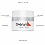 Medicalia Gentle Cream 50ml with four key benefits: Restores Skin Barrier, Soothes Redness, Deep Hydration, and Calms Sensitive Skin.