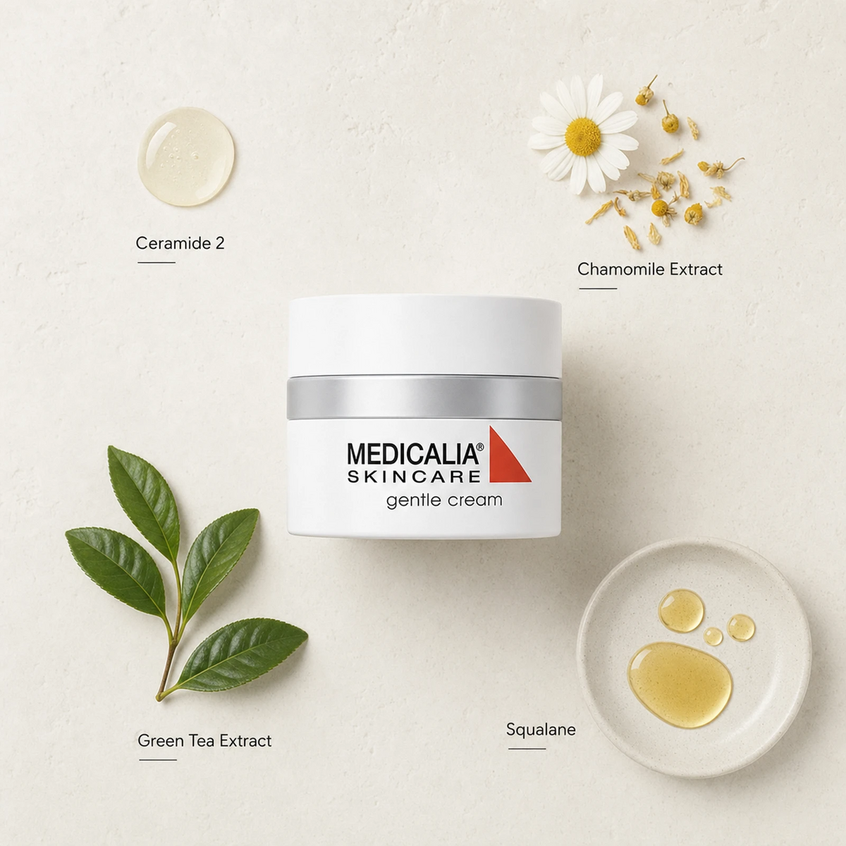Medicalia Gentle Cream 50ml flatlay with key ingredients Ceramide 2, Chamomile Extract, Green Tea Extract, and Squalane.