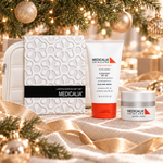 MEDICALIA Gentle Cream & Sunscreen Gift Bag displayed beside a Christmas tree. File: medicalia-gentle-cream-and-sunscreen-gift-bag-christmas-tree-2026.png