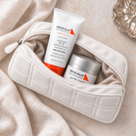 MEDICALIA Gentle Cream & Sunscreen Gift Bag with the gift pouch open. File: medicalia-gentle-cream-and-sunscreen-gift-bag-open-pouch-2026.png